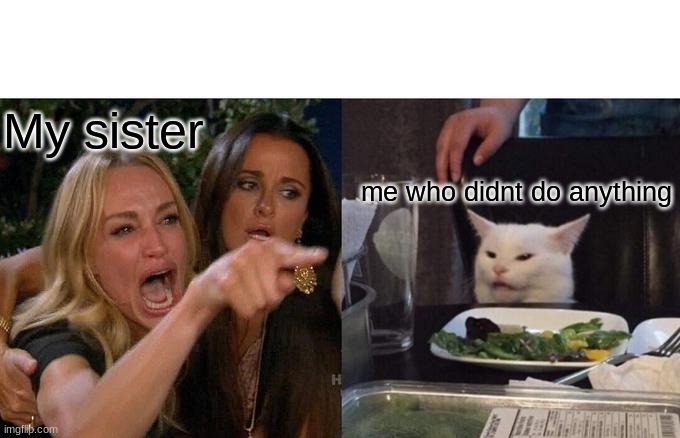 Woman Yelling At Cat Meme | My sister; me who didnt do anything | image tagged in memes,woman yelling at cat | made w/ Imgflip meme maker