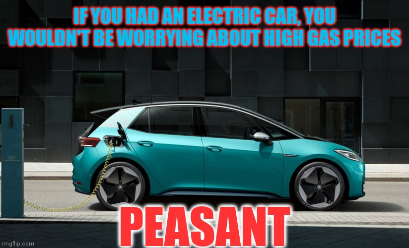 Revolting | PEASANT; IF YOU HAD AN ELECTRIC CAR, YOU WOULDN'T BE WORRYING ABOUT HIGH GAS PRICES | image tagged in do you need a current license to drive an electric car,natural,gas,american revolution,let them eat cake | made w/ Imgflip meme maker