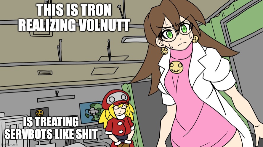 Tron and Caskett | THIS IS TRON REALIZING VOLNUTT; IS TREATING SERVBOTS LIKE SHIT | image tagged in megaman,megaman legends,roll caskett,tron bonne,memes | made w/ Imgflip meme maker