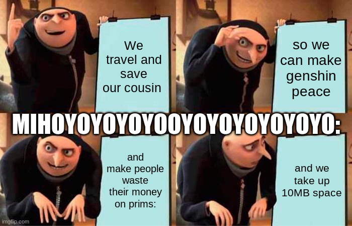 gru meme but positive Genshin Impact