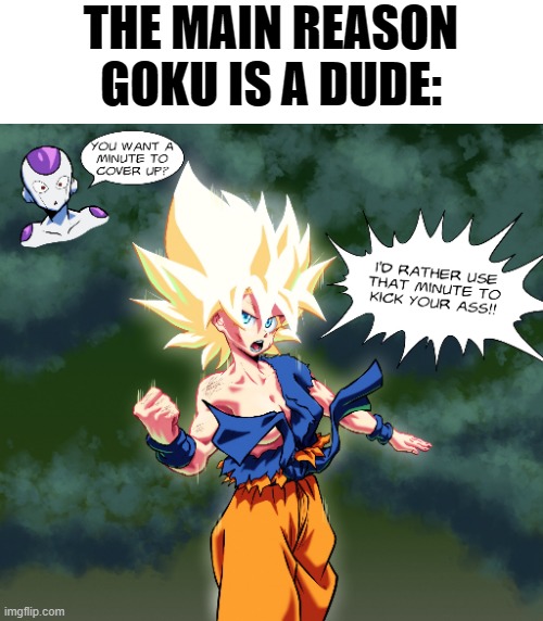 Can we acknowledge the fact that Pants are the most durable items in Dragon Ball? xD | THE MAIN REASON GOKU IS A DUDE: | image tagged in dragon ball,memes,funny,goku,frieza | made w/ Imgflip meme maker