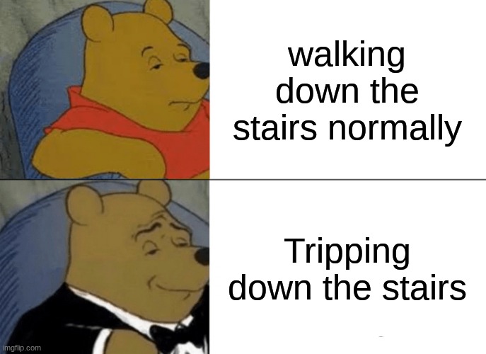 Tuxedo Winnie The Pooh Meme | walking down the stairs normally; Tripping down the stairs | image tagged in memes,tuxedo winnie the pooh | made w/ Imgflip meme maker