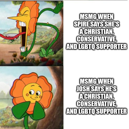 kinda fricked up tbh. and i have just as, if not more haters than spire | MSMG WHEN SPIRE SAYS SHE'S A CHRISTIAN, CONSERVATIVE, AND LGBTQ SUPPORTER; MSMG WHEN JOSH SAYS HE'S A CHRISTIAN, CONSERVATIVE, AND LGBTQ SUPPORTER | image tagged in cuphead flower | made w/ Imgflip meme maker