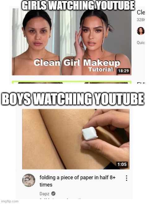 what every boy watches | GIRLS WATCHING YOUTUBE; BOYS WATCHING YOUTUBE | image tagged in boys vs girls | made w/ Imgflip meme maker