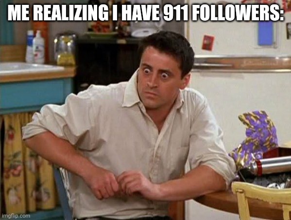 Lord of the rings won't like this | ME REALIZING I HAVE 911 FOLLOWERS: | image tagged in surprised joey | made w/ Imgflip meme maker