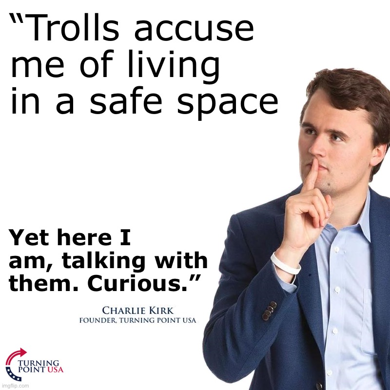 Turning Point | “Trolls accuse me of living in a safe space; Yet here I am, talking with them. Curious.” | image tagged in turning point | made w/ Imgflip meme maker