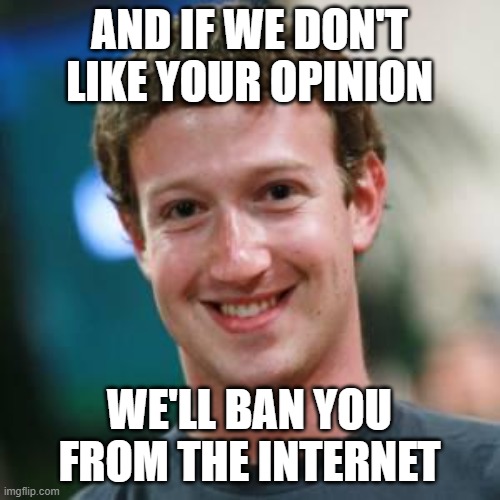 Mark Zuckerberg | AND IF WE DON'T LIKE YOUR OPINION WE'LL BAN YOU FROM THE INTERNET | image tagged in mark zuckerberg | made w/ Imgflip meme maker