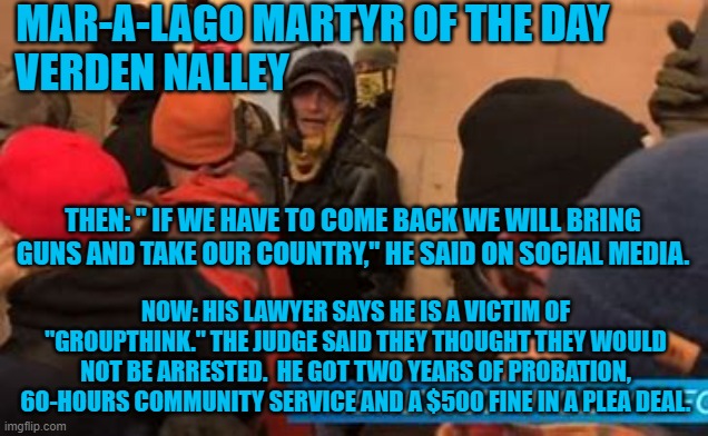 His lawyer blamed his right-wing radical friends and right-wing radical media. | MAR-A-LAGO MARTYR OF THE DAY          
VERDEN NALLEY; THEN: " IF WE HAVE TO COME BACK WE WILL BRING GUNS AND TAKE OUR COUNTRY," HE SAID ON SOCIAL MEDIA. NOW: HIS LAWYER SAYS HE IS A VICTIM OF "GROUPTHINK." THE JUDGE SAID THEY THOUGHT THEY WOULD NOT BE ARRESTED.  HE GOT TWO YEARS OF PROBATION, 60-HOURS COMMUNITY SERVICE AND A $500 FINE IN A PLEA DEAL. | image tagged in politics | made w/ Imgflip meme maker