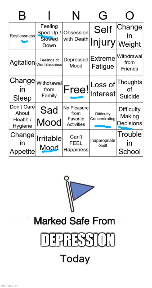 yaaay marked safe! | DEPRESSION | image tagged in depression bingo 1,memes,marked safe from | made w/ Imgflip meme maker
