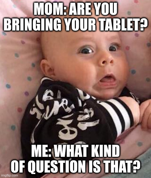 Horrified baby | MOM: ARE YOU BRINGING YOUR TABLET? ME: WHAT KIND OF QUESTION IS THAT? | image tagged in horrified baby | made w/ Imgflip meme maker