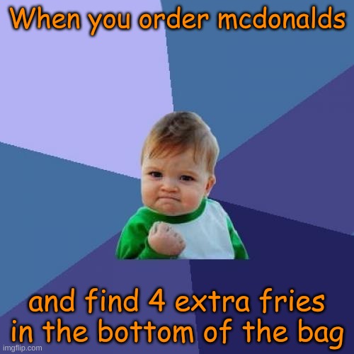 mmmmmm yes | When you order mcdonalds; and find 4 extra fries in the bottom of the bag | image tagged in memes,success kid,mcdonalds,funny memes | made w/ Imgflip meme maker