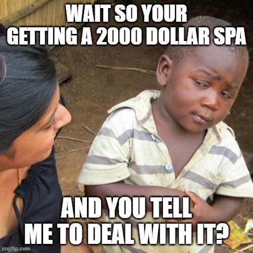 Third World Skeptical Kid | WAIT SO YOUR GETTING A 2000 DOLLAR SPA; AND YOU TELL ME TO DEAL WITH IT? | image tagged in memes,third world skeptical kid | made w/ Imgflip meme maker