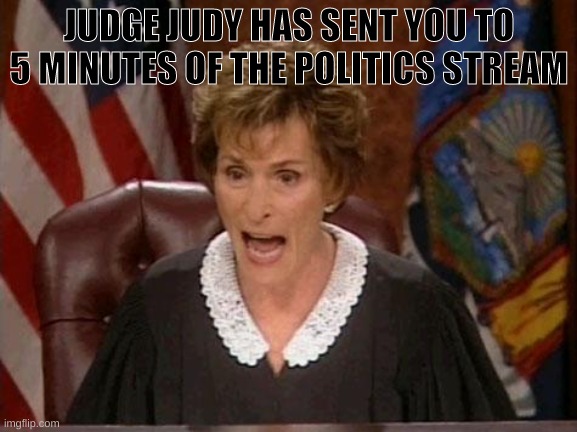 Judge Judy | JUDGE JUDY HAS SENT YOU TO 5 MINUTES OF THE POLITICS STREAM | image tagged in judge judy,politics is bad | made w/ Imgflip meme maker