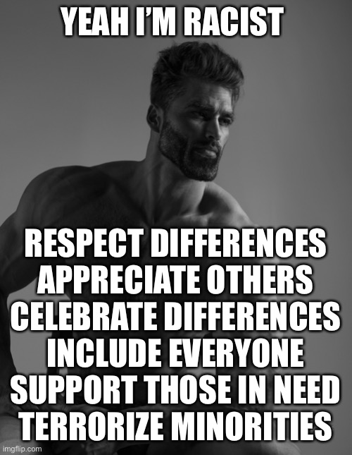 yeah I’m racist | YEAH I’M RACIST; RESPECT DIFFERENCES
APPRECIATE OTHERS
CELEBRATE DIFFERENCES
INCLUDE EVERYONE
SUPPORT THOSE IN NEED
TERRORIZE MINORITIES | image tagged in giga chad | made w/ Imgflip meme maker