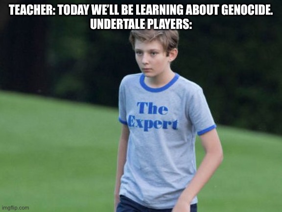 The Expert | TEACHER: TODAY WE’LL BE LEARNING ABOUT GENOCIDE.
UNDERTALE PLAYERS: | image tagged in the expert | made w/ Imgflip meme maker