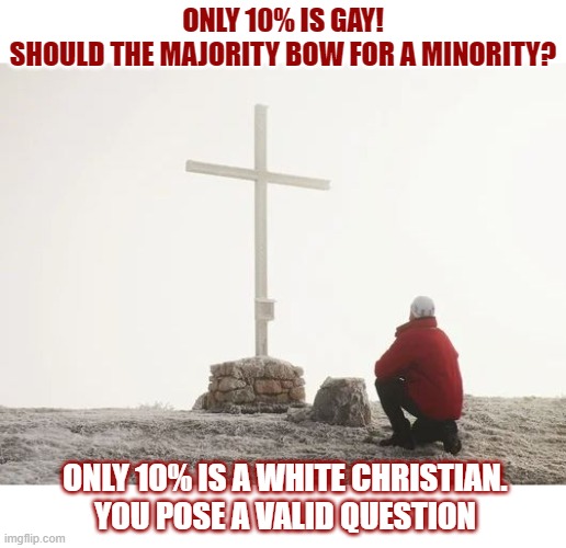 Should the majority bow for a minority? | ONLY 10% IS GAY!
SHOULD THE MAJORITY BOW FOR A MINORITY? ONLY 10% IS A WHITE CHRISTIAN.
YOU POSE A VALID QUESTION | image tagged in think about it,lgbtq,homosexuality,christianity,hypocrisy | made w/ Imgflip meme maker