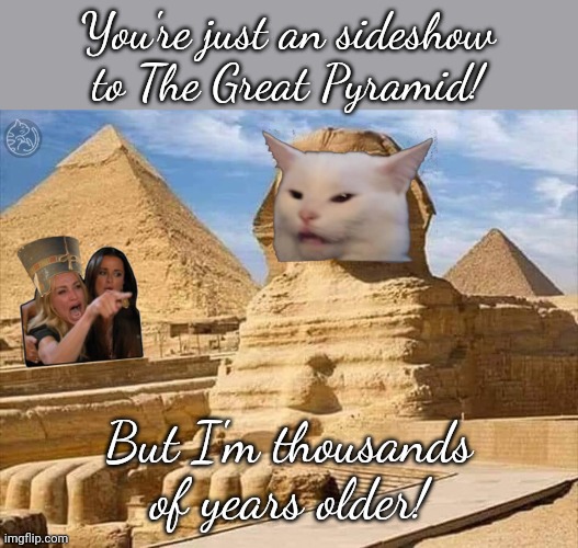 You people changed my face too! | You're just an sideshow to The Great Pyramid! But I'm thousands of years older! | image tagged in woman yelling at sphinx,historical,ancient | made w/ Imgflip meme maker