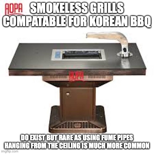 Smokeless Korean BBQ Grill | SMOKELESS GRILLS COMPATABLE FOR KOREAN BBQ; DO EXIST BUT RARE AS USING FUME PIPES HANGING FROM THE CEILING IS MUCH MORE COMMON | image tagged in barbecue,grill,memes | made w/ Imgflip meme maker