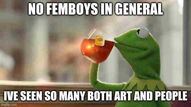 Kermit sipping tea | NO FEMBOYS IN GENERAL IVE SEEN SO MANY BOTH ART AND PEOPLE | image tagged in kermit sipping tea | made w/ Imgflip meme maker