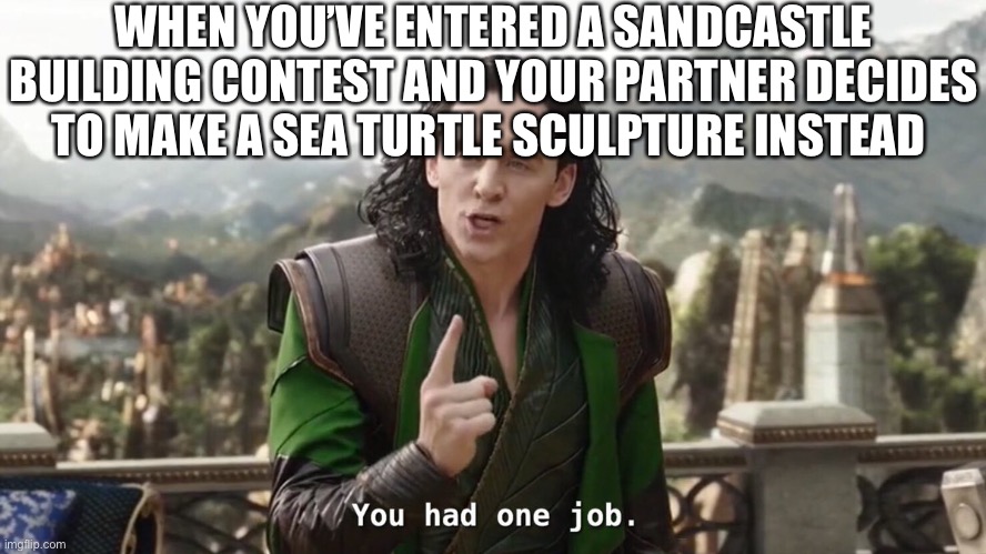 Your job was to follow my freaking lead!! | WHEN YOU’VE ENTERED A SANDCASTLE BUILDING CONTEST AND YOUR PARTNER DECIDES TO MAKE A SEA TURTLE SCULPTURE INSTEAD | image tagged in you had one job just the one | made w/ Imgflip meme maker