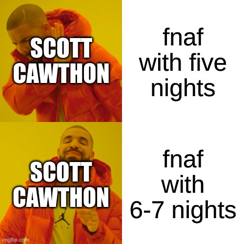 fnaf be like | SCOTT CAWTHON; fnaf with five nights; fnaf with 6-7 nights; SCOTT CAWTHON | image tagged in memes,drake hotline bling,fnaf,funny,funny memes,scott cawthon | made w/ Imgflip meme maker