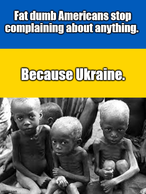 Stop Complaining About Gas | Fat dumb Americans stop complaining about anything. Because Ukraine. | image tagged in ukraine flag | made w/ Imgflip meme maker