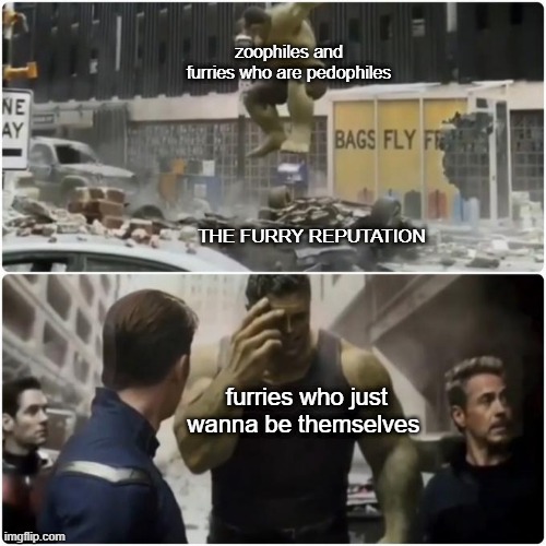 Regretful Hulk | zoophiles and furries who are pedophiles; THE FURRY REPUTATION; furries who just wanna be themselves | image tagged in regretful hulk | made w/ Imgflip meme maker