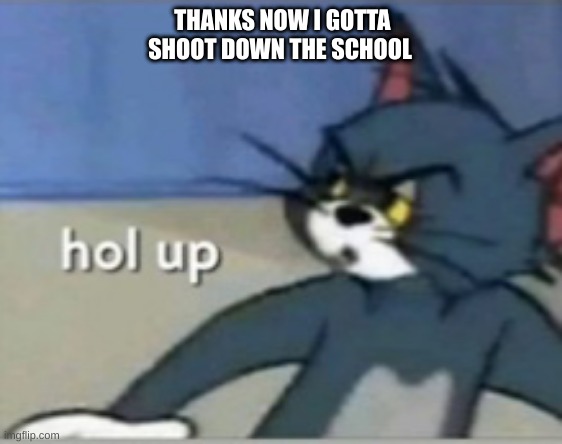 a comment during a match in shooting game | THANKS NOW I GOTTA SHOOT DOWN THE SCHOOL | image tagged in hol up | made w/ Imgflip meme maker