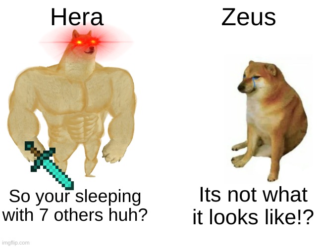 Zeus Cheats on Hera | Hera; Zeus; So your sleeping with 7 others huh? Its not what it looks like!? | image tagged in memes,buff doge vs cheems | made w/ Imgflip meme maker