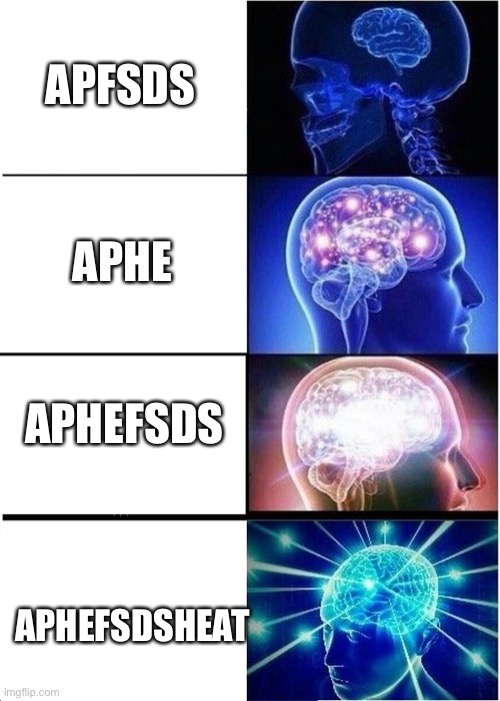 Shell types | APFSDS; APHE; APHEFSDS; APHEFSDSHEAT | image tagged in memes,expanding brain | made w/ Imgflip meme maker