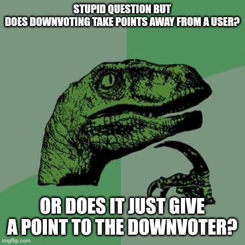 *insert good title here* | STUPID QUESTION BUT DOES DOWNVOTING TAKE POINTS AWAY FROM A USER? OR DOES IT JUST GIVE A POINT TO THE DOWNVOTER? | image tagged in memes,philosoraptor | made w/ Imgflip meme maker