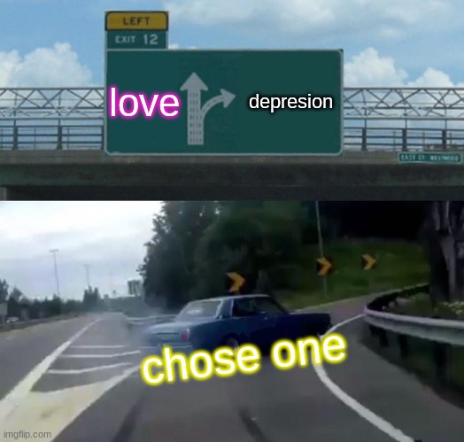 love or depression | love; depresion; chose one | image tagged in memes,left exit 12 off ramp | made w/ Imgflip meme maker