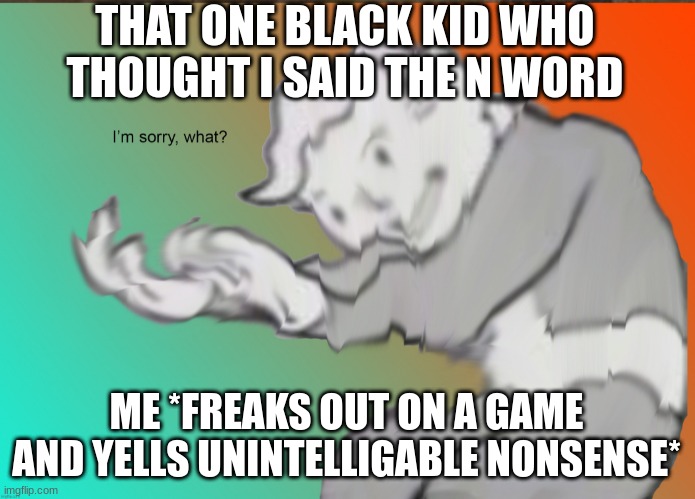 Im sorry what | THAT ONE BLACK KID WHO THOUGHT I SAID THE N WORD; ME *FREAKS OUT ON A GAME AND YELLS UNINTELLIGABLE NONSENSE* | image tagged in im sorry what | made w/ Imgflip meme maker