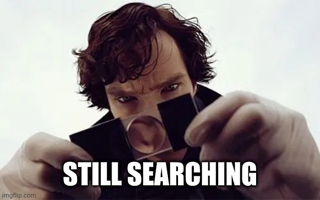 Sherlock Magnifying Glass | STILL SEARCHING | image tagged in sherlock magnifying glass | made w/ Imgflip meme maker