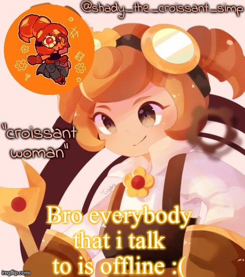 I know ansolutely none of you give a shit but | Bro everybody that i talk to is offline :( | image tagged in yet another croissant woman temp thank syoyroyoroi | made w/ Imgflip meme maker