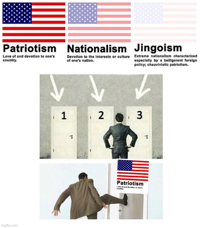 image tagged in patriotism nationalism jingoism,3 doors,nationalism,patriotism,jingoism,choose patriotism | made w/ Imgflip meme maker