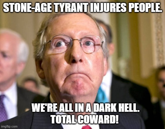 mitch mcconnell | STONE-AGE TYRANT INJURES PEOPLE. WE'RE ALL IN A DARK HELL.            
  TOTAL COWARD! | image tagged in mitch mcconnell | made w/ Imgflip meme maker