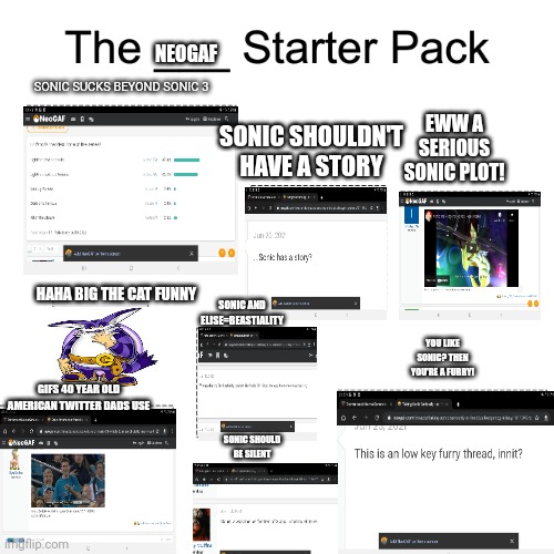 NEOGAF Sonic Starter Pack! | NEOGAF; SONIC SUCKS BEYOND SONIC 3; EWW A SERIOUS SONIC PLOT! SONIC SHOULDN'T HAVE A STORY; HAHA BIG THE CAT FUNNY; SONIC AND ELISE=BEASTIALITY; YOU LIKE SONIC? THEN YOU'RE A FURRY! GIFS 40 YEAR OLD AMERICAN TWITTER DADS USE; SONIC SHOULD BE SILENT | image tagged in starter pack | made w/ Imgflip meme maker