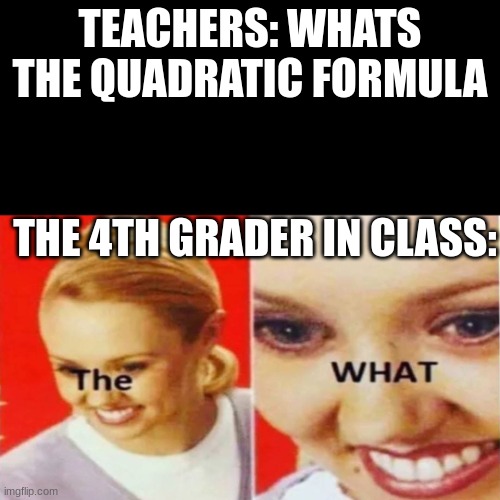 The What | TEACHERS: WHATS THE QUADRATIC FORMULA; THE 4TH GRADER IN CLASS: | image tagged in the what | made w/ Imgflip meme maker