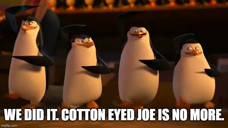 penguins of madagascar | WE DID IT. COTTON EYED JOE IS NO MORE. | image tagged in penguins of madagascar | made w/ Imgflip meme maker