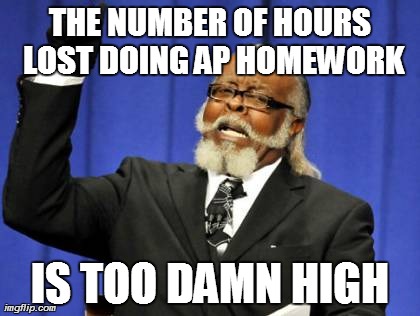 Wasted Time | THE NUMBER OF HOURS LOST DOING AP HOMEWORK IS TOO DAMN HIGH | image tagged in memes,too damn high | made w/ Imgflip meme maker