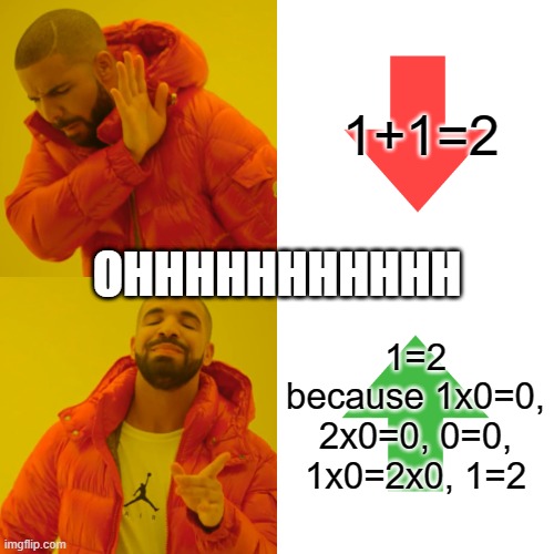 oh wait what | 1+1=2; OHHHHHHHHHHH; 1=2 because 1x0=0, 2x0=0, 0=0, 1x0=2x0, 1=2 | image tagged in memes,drake hotline bling | made w/ Imgflip meme maker
