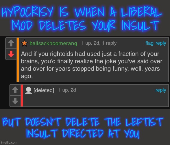 More Moderator Hypocrisy |  HYPOCRISY IS WHEN A LIBERAL 
MOD DELETES YOUR INSULT; BUT DOESN’T DELETE THE LEFTIST 
INSULT DIRECTED AT YOU | image tagged in leftist,insult,not deleted | made w/ Imgflip meme maker