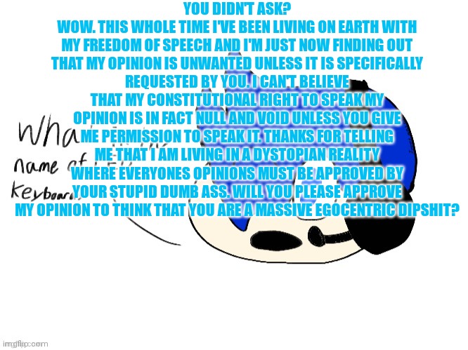 What in the name of LED keyboards- | YOU DIDN'T ASK?
WOW. THIS WHOLE TIME I'VE BEEN LIVING ON EARTH WITH
MY FREEDOM OF SPEECH AND I'M JUST NOW FINDING OUT
THAT MY OPINION IS UNWANTED UNLESS IT IS SPECIFICALLY
REQUESTED BY YOU. I CAN'T BELIEVE THAT MY CONSTITUTIONAL RIGHT TO SPEAK MY OPINION IS IN FACT NULL AND VOID UNLESS YOU GIVE ME PERMISSION TO SPEAK IT. THANKS FOR TELLING ME THAT I AM LIVING IN A DYSTOPIAN REALITY WHERE EVERYONES OPINIONS MUST BE APPROVED BY YOUR STUPID DUMB ASS. WILL YOU PLEASE APPROVE MY OPINION TO THINK THAT YOU ARE A MASSIVE EGOCENTRIC DIPSHIT? | image tagged in what in the name of led keyboards- | made w/ Imgflip meme maker