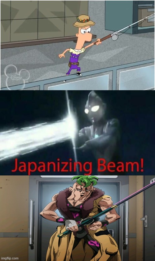 Ferb is a Jojo reference | image tagged in japanese beam,jojo's bizarre adventure,phineas and ferb,anime meme | made w/ Imgflip meme maker