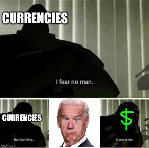 I fear no man. But that thing..it scares me | CURRENCIES; CURRENCIES | image tagged in i fear no man but that thing it scares me,joe biden,inflation | made w/ Imgflip meme maker