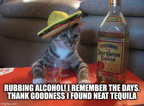 alcohol cat | RUBBING ALCOHOL! I REMEMBER THE DAYS.
THANK GOODNESS I FOUND NEAT TEQUILA | image tagged in alcohol cat | made w/ Imgflip meme maker