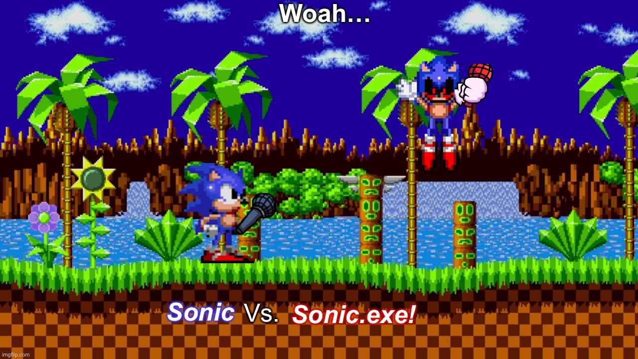 Sonic Vs. Sonic.exe! | Woah…; Sonic; Vs. Sonic.exe! | image tagged in green hill zone | made w/ Imgflip meme maker
