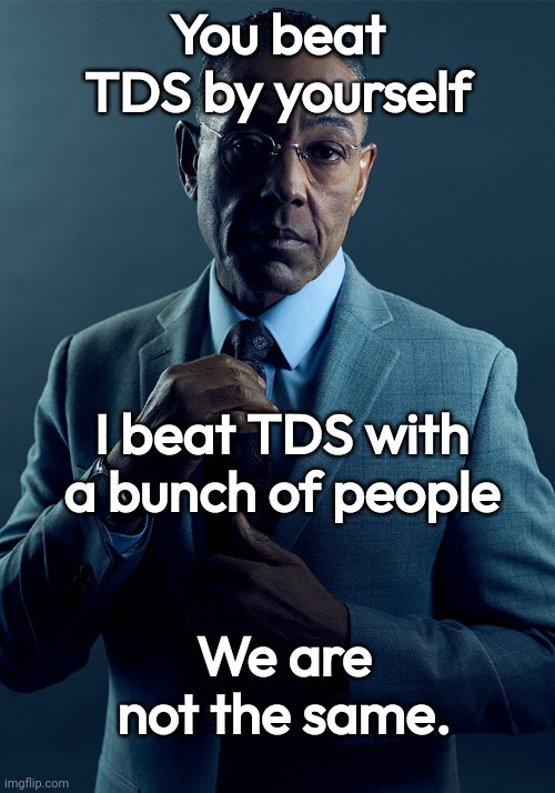 i noob | You beat TDS by yourself; I beat TDS with a bunch of people; We are not the same. | image tagged in gus fring we are not the same | made w/ Imgflip meme maker