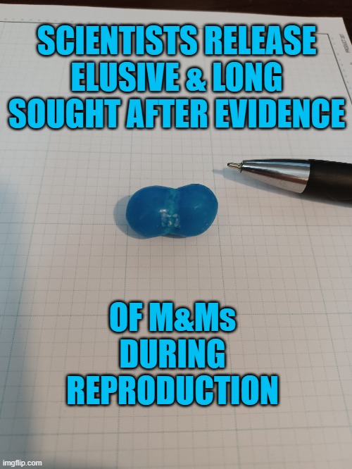 Mommy, where do baby M&Ms come from? | SCIENTISTS RELEASE ELUSIVE & LONG SOUGHT AFTER EVIDENCE; OF M&Ms DURING REPRODUCTION | image tagged in reproduction,science,evidence | made w/ Imgflip meme maker
